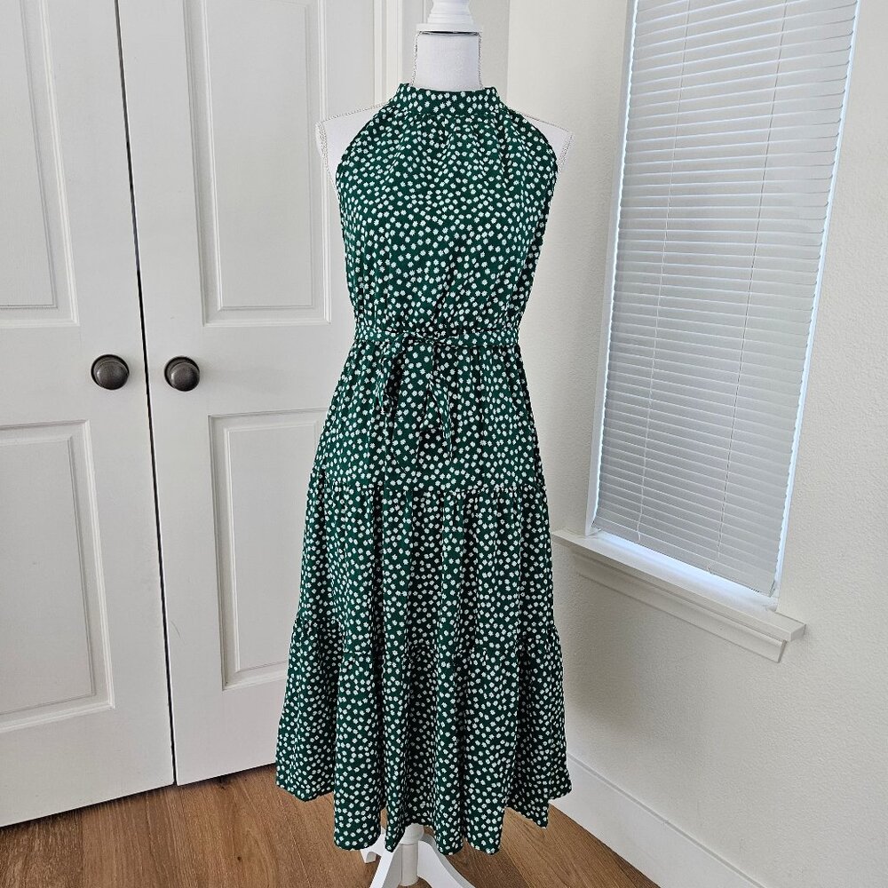 Azazie Luxedo Sleeveless Tiered Summer Dress Green/White Flowers Size M NWOT